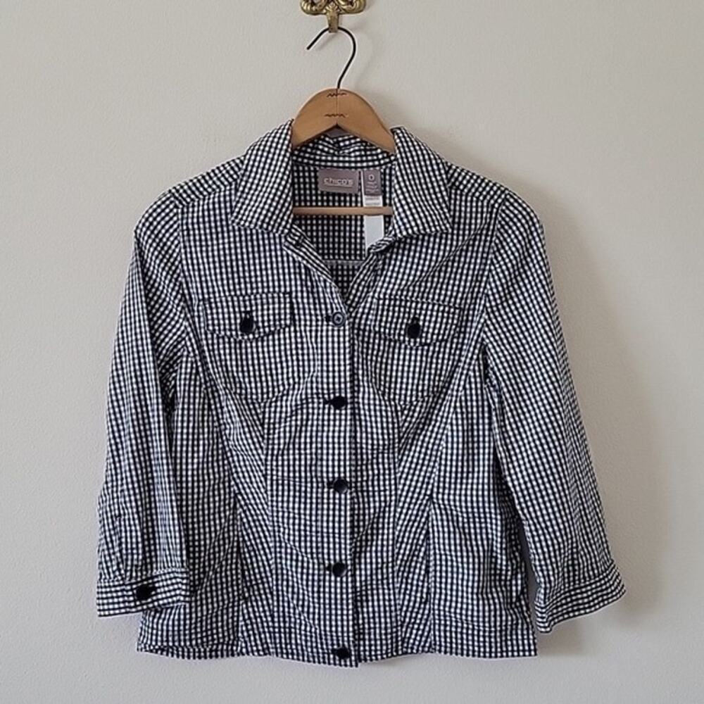 Chico's Black White Gingham‎ Button Front 3/4 Sleeve Shirt Size Small/4